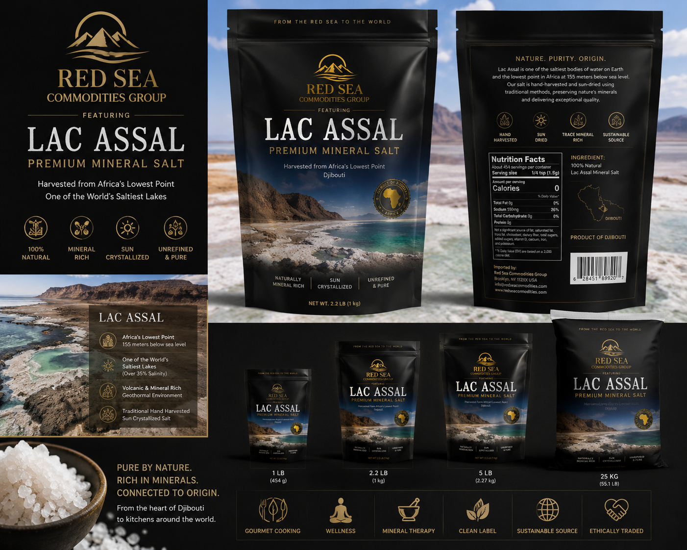 Lac Assal Salt packaging lineup — Fine Mineral Salt, Coarse Crystal Salt, and Fleur de Sel in branded packaging