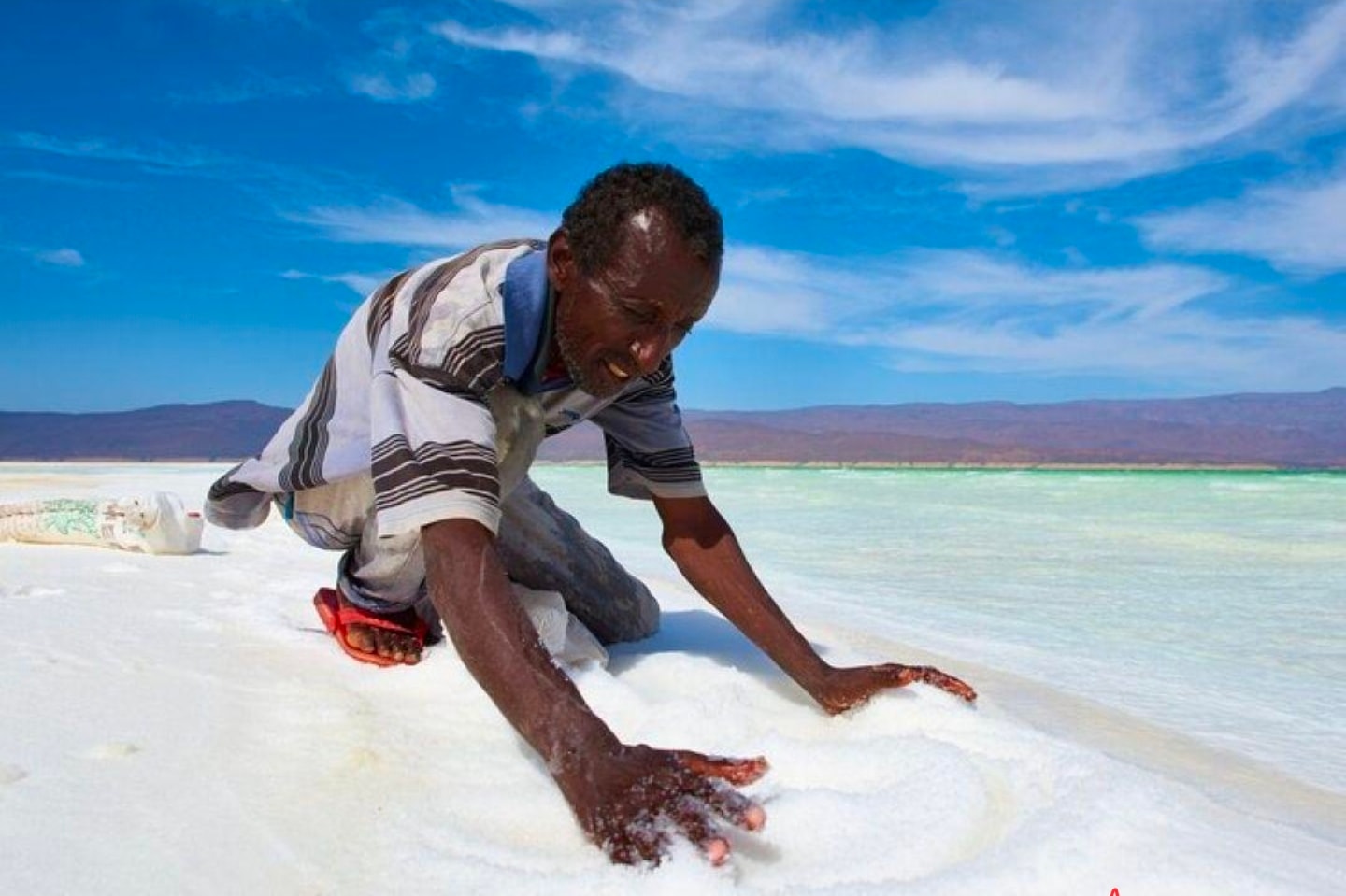 Salt harvester gathering crystals at the edge of Lac Assal with turquoise water behind